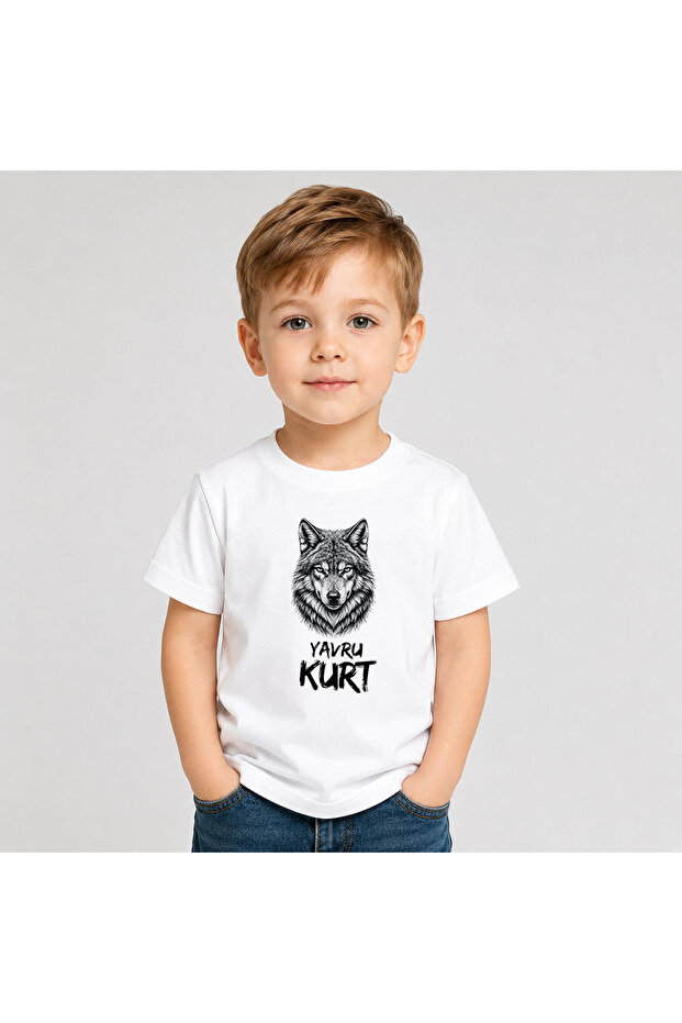 Cotton Fabric White T-Shirt with Wolf Print and Wolf Cub Text