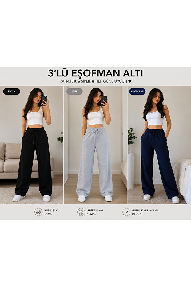 3-Piece Wide Leg Sweatpants Black Gray Navy Blue Daily Use