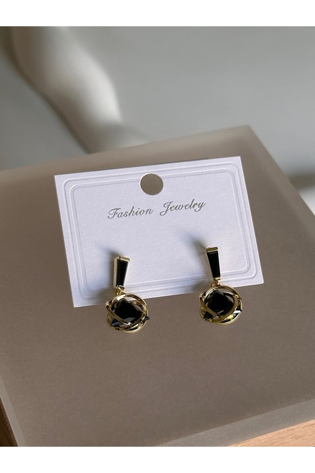 Vip Gold Dangle Earrings with Black Stone Detail, Minimal Tarnish-Resistant Steel, Stylish Earrings