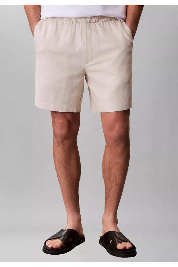 Men's Regular Cut Elastic Waist Linen Beige Shorts