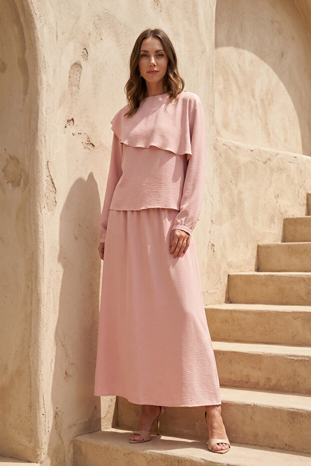 Modal Suit with Ruffle Detail on the Front and Skirt 1088 Powder