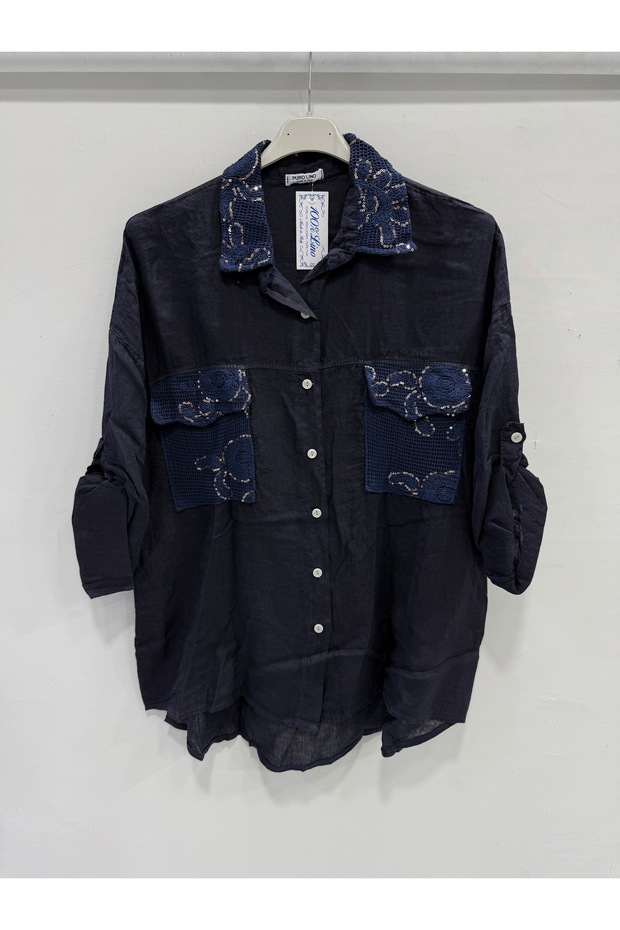 Women's Navy Blue Italian Collar Sequin Embroidered Foldable Long Sleeve Oversize Linen Shirt 40 - 46 Size