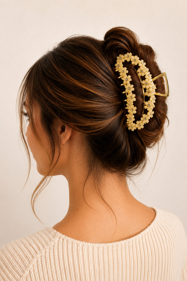 Daisy Flower Detailed Gold Hairpin with Stone for Women