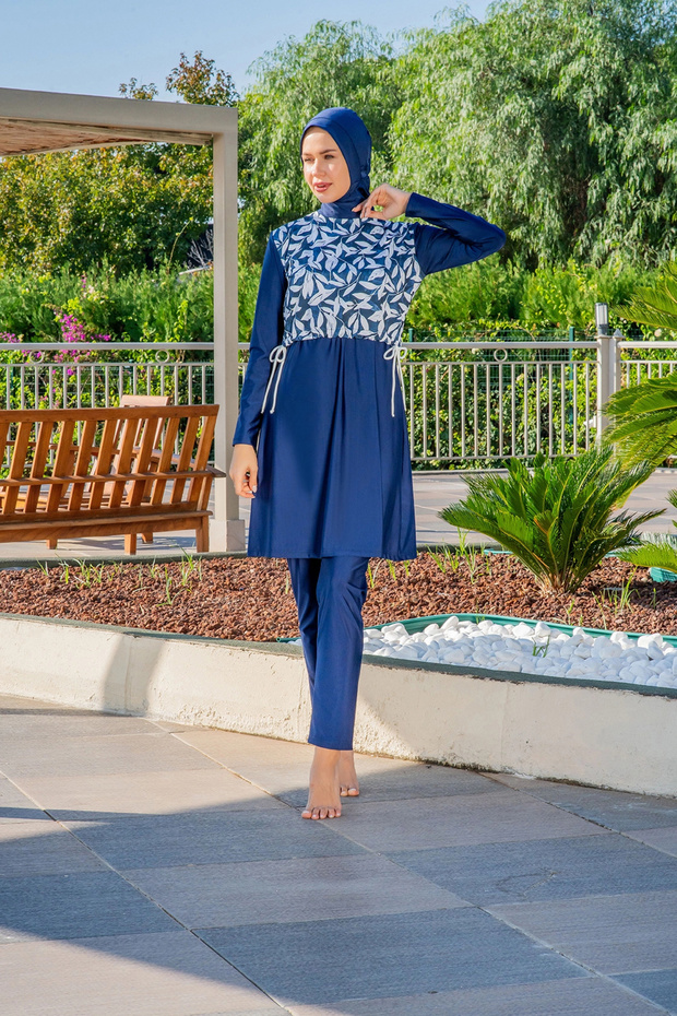 Women's Turtleneck Full Covered Navy Blue Patterned Long Sleeve Quick Drying Sea Pool Hijab Swimsuit Ta