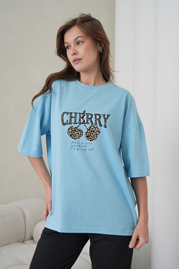 Women's Leopard Pattern Cherry Printed Blue Round Neck T-Shirt Black Jogger Sweatpants Set