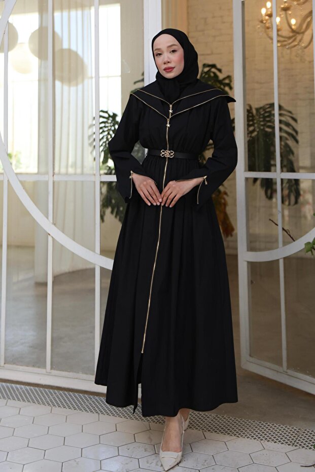 Women's Belted Zippered Long Dress Black
