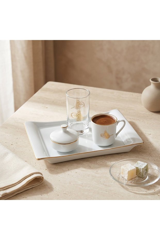 Tuğralı 5 Piece Porcelain Coffee Set with Gold Detail