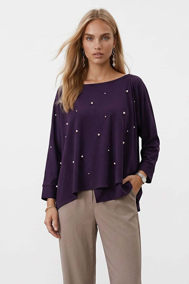 Women's Plum Wrap Cut Pearl Detailed Flowy Blouse Alc-X15533