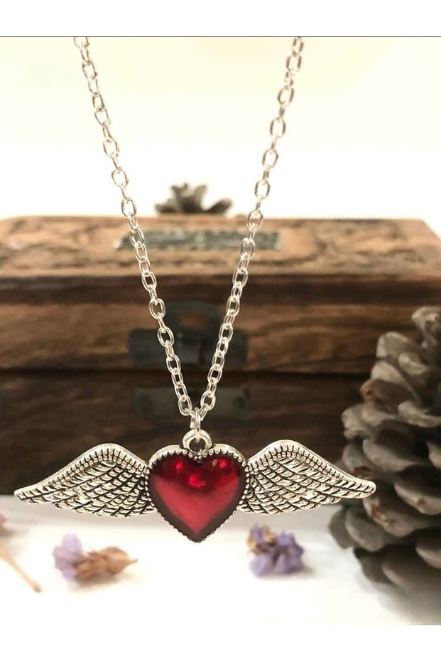 Red Vintage Winged Heart Necklace