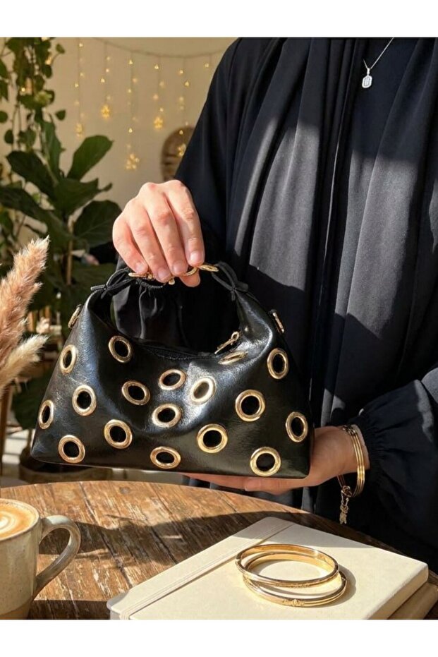 Leather Look Handbag with Gold Metal Accessories, Suitable for Hand Use