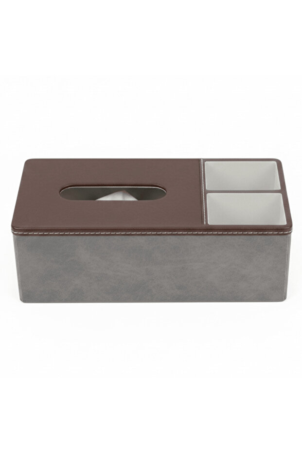 Premium Leather-Look Tissue Box with Organizer Compartments | Brown & Grey | 29×13×10 cm