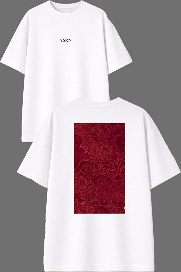Red Chaotic Patterned Carpet Design Front and Back Printed White Oversize T-Shirt