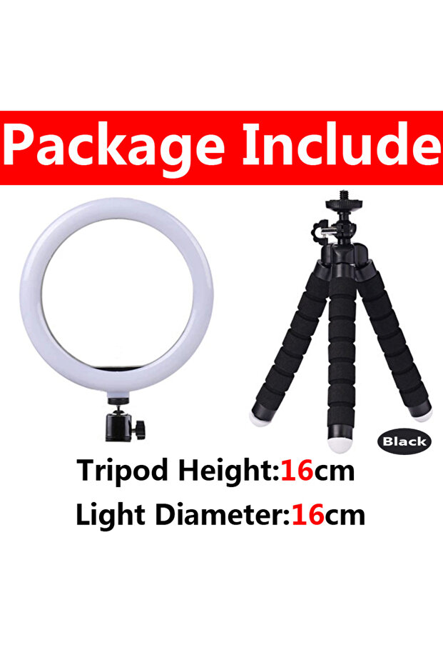 A-16cm Black 12 inch LED Ring light Photography Lighting Phone Ringlight With Tripod Stand USB Round