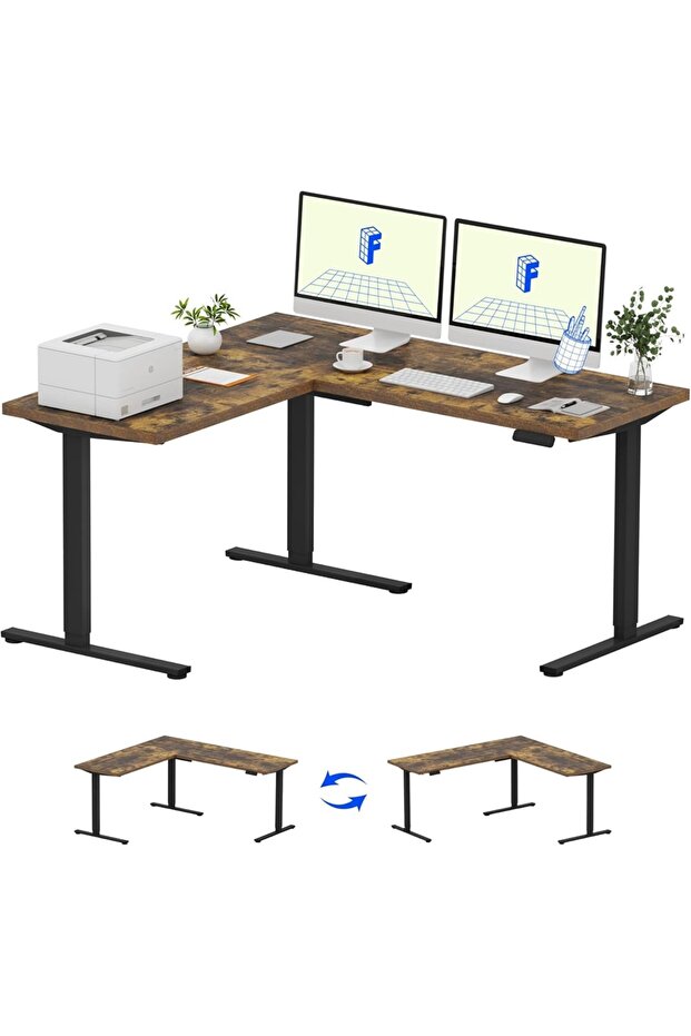 Electric Height Adjustable L-Shaped Standing Desk 63 x 55 Inch Reversible Corner with Memory Presets and Anti-Collision System Ergonomic Sit Stand Workstation for Home Office - Rustic Brown