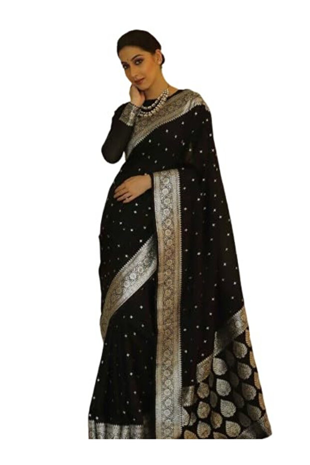 Black Banarasi silk Blouse Saree - MAF3103 | Black