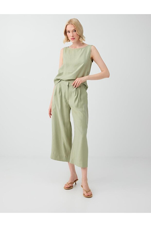 Khaki Relaxed Fit Wide Leg Striped Modal Woven Trousers