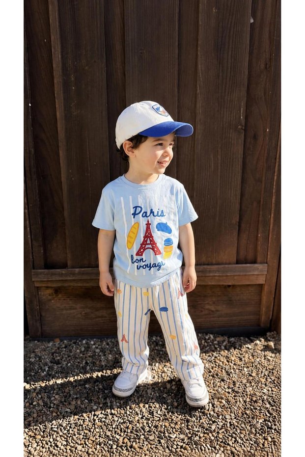 Boy's Cotton Blue Paris Printed T-Shirt and Striped Muslin Trousers Top and Bottom Set