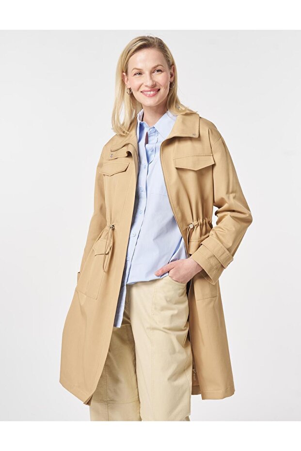 High Collar Cap with Pocket Detail in Beige