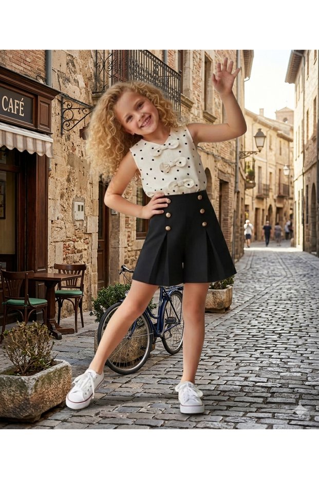 Polka Dot Bow Tie Pleated Blouse and Button-Detail Shorts Summer Girls' Set