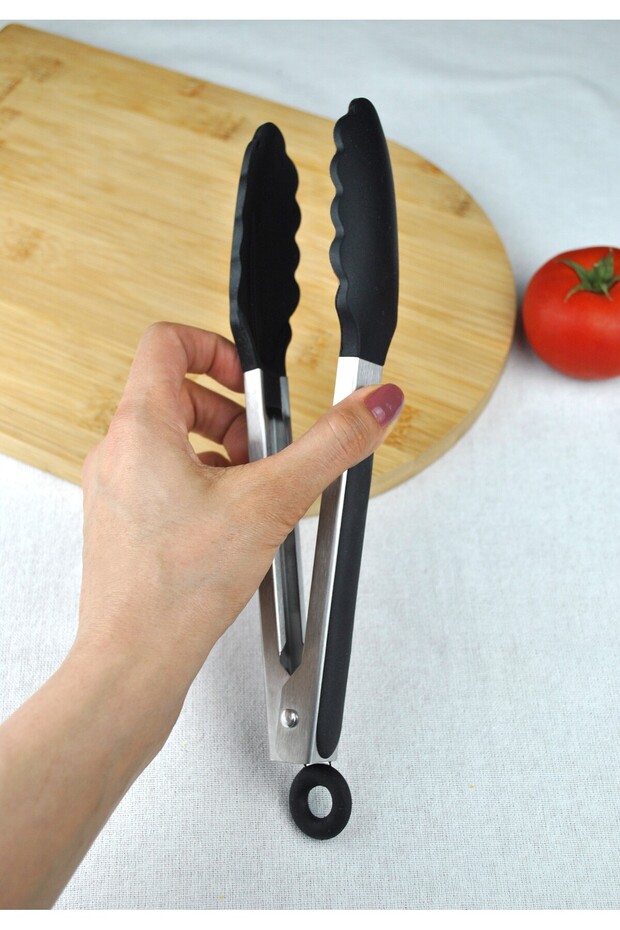 1 Piece Metal Frying Tongs with Silicone Tips, Black Color, with Lock System