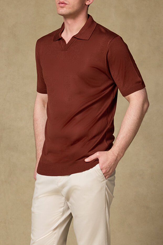 Lido Viskon Viskon Karışımlı Modern Fit Açık Kahverengi Jonny Polo Yaka Erkek Düz Polo Shirt