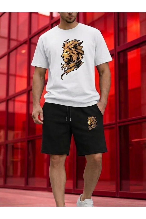 Men's Lion Printed Shorts T-Shirt Set