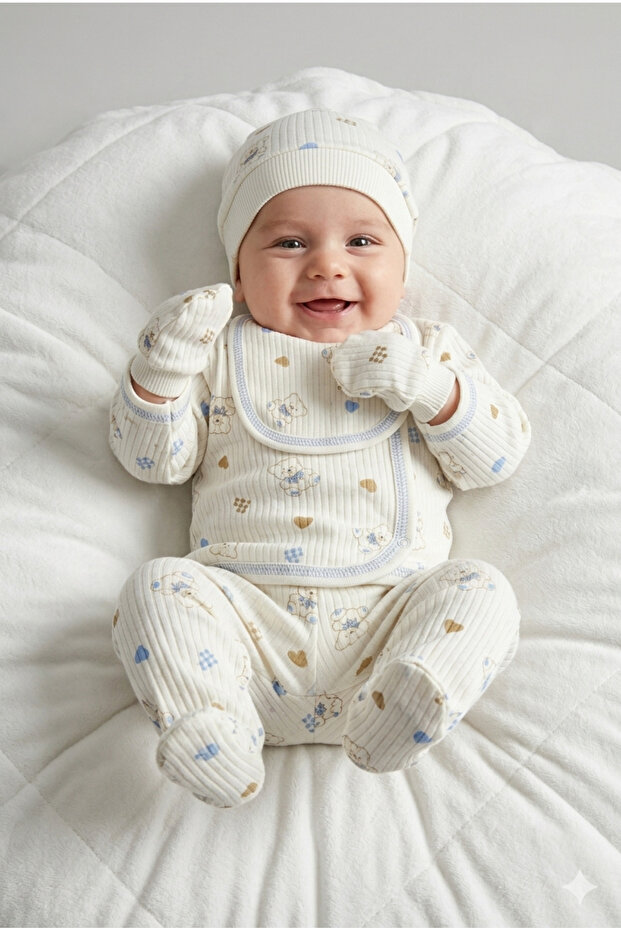 100% Cotton 5-Piece Newborn Teddy Bear Patterned Hospital Discharge Set – Baby Bodysuit Set, Hat, Bib, Gloves