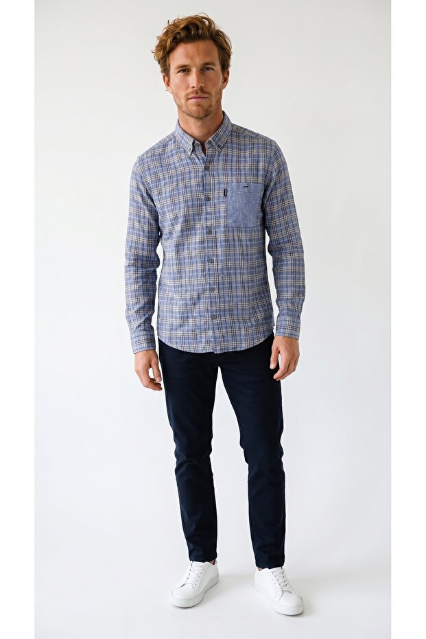 Men's Long Sleeve Plaid Linen Shirt 2402