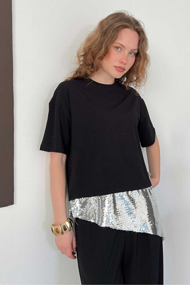 D 3060 Sequined T-Shirt - Black Silver | D3060