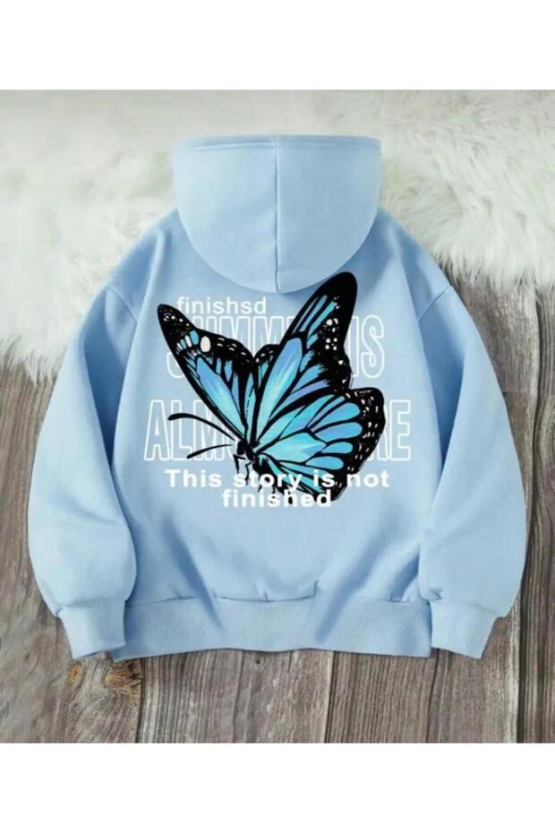 Blue Butterfly Back Printed 2-Yarn Shardooned Girls' Sweatshirt with Hood