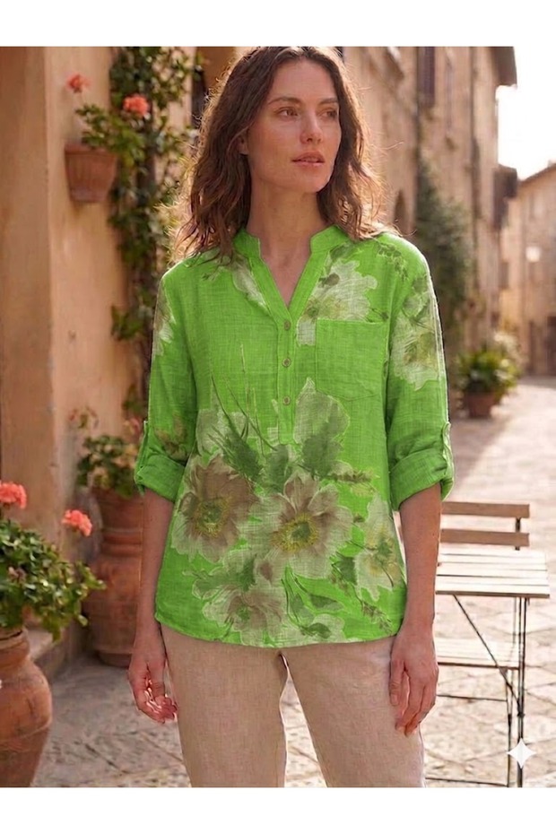 Women's Italian Three-Button Collar Floral Pattern Pocketed 100% Cotton Blouse