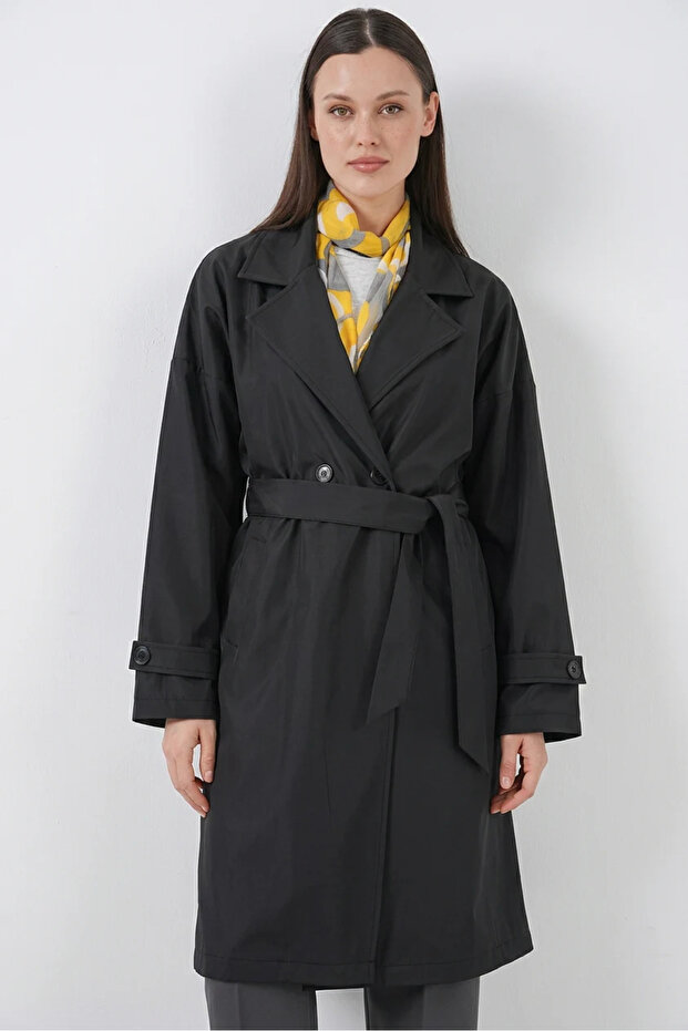 Women's Double Breasted Collar Belted Black Trench Coat