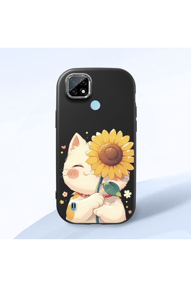 Realme C21 Compatible Case Camera Protector Black Silicone Couple Phone Case Cat Pattern