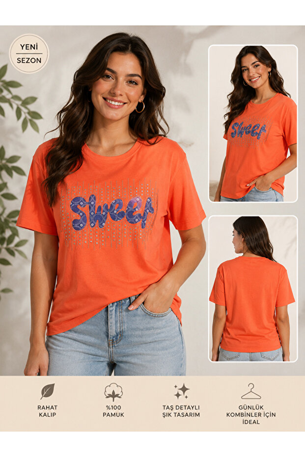 Short-Sleeved T-Shirt with Stones, Available in Large Sizes
