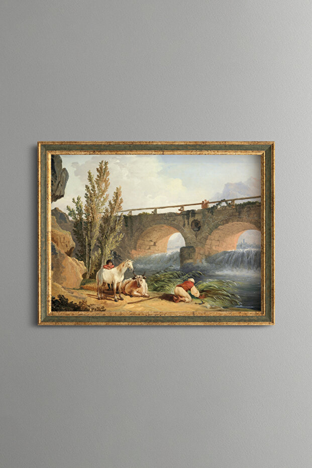 منظر الجسر والنهر - إطار بنمط عتيق - نموذج نحيف