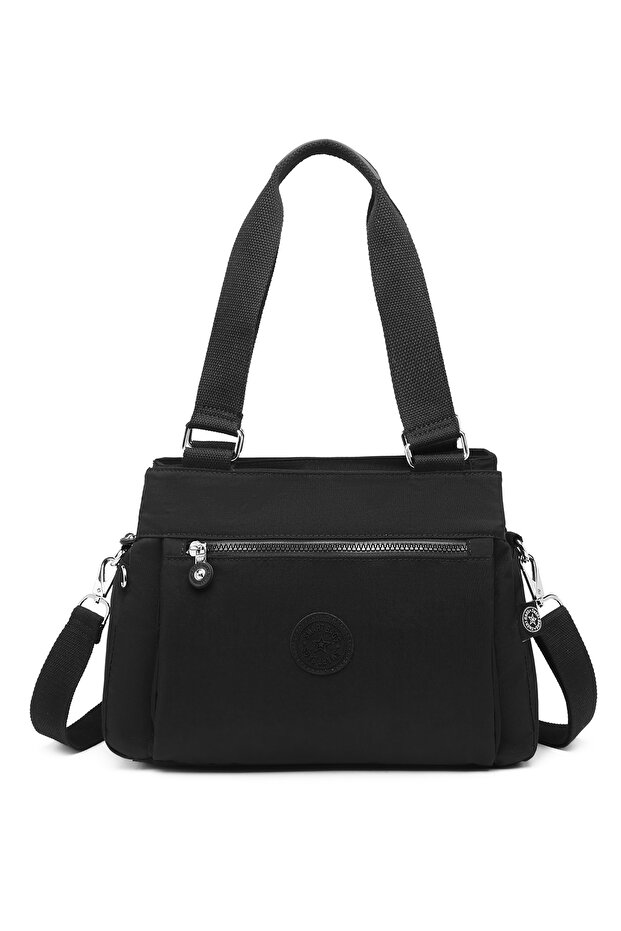 Medium Size Multi-Pocket Waterproof Lightweight Crinkle Fabric Women's Shoulder Bag Black