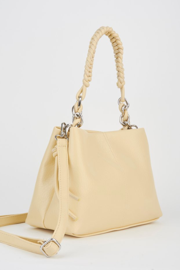 Women's Yellow Faux Leather Knitted Strap Lined Zipper Closure Handbag and Shoulder Bag