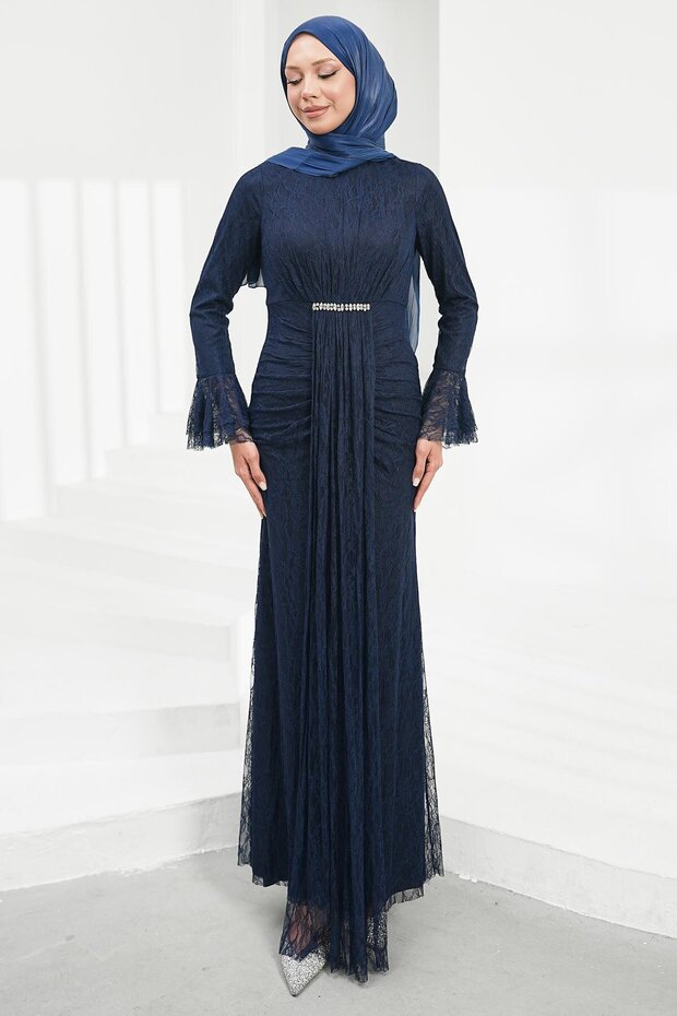 Navy Blue Lace Evening Dress with Flounces and Stones on the Sleeves