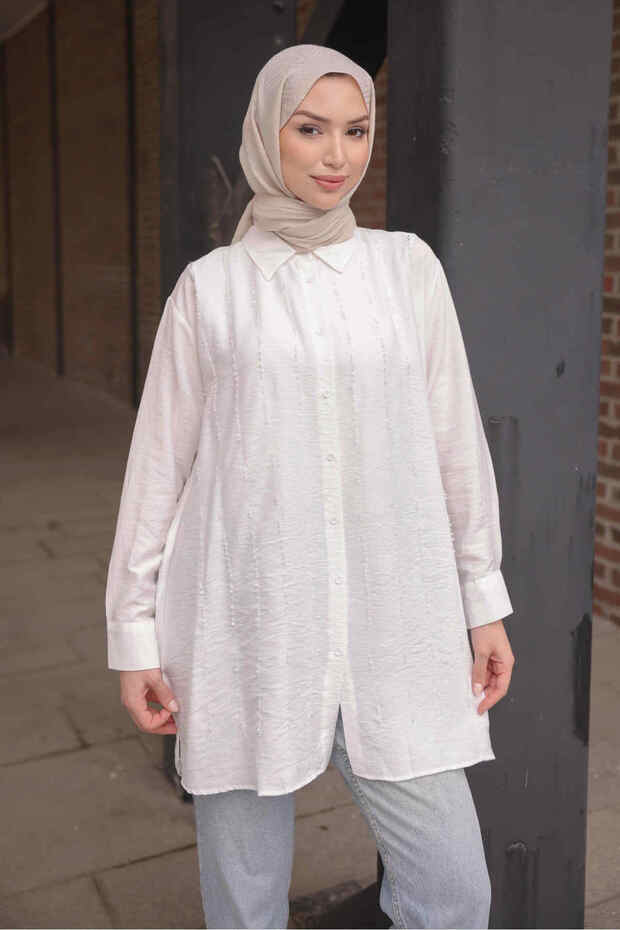 Ecru Beaded Embroidered Shirt