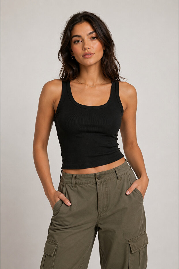 Ribbed Look Everyday Premium Thick Strap Basic Athlete Blouse
