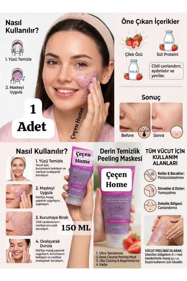 (1 Piece) Deep Cleansing Peeling Mask for Face and Body, Purple Peel-Off Mask with Strawberry and Milk, Facial Peeling, Body Peeling 150 ml