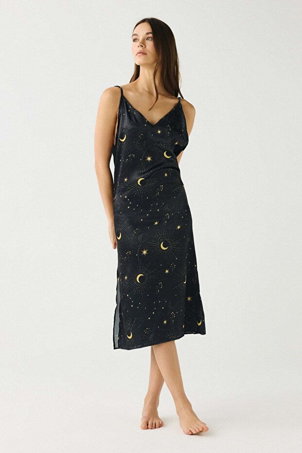 Luna Touch Slit Detailed Satin Nightgown Navy Blue