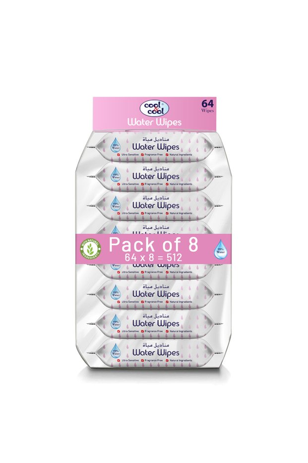 Aqua Wipes 64's (Pack of 8) - 99% AQUA, 0% Alcohol, Ultra Sensitive, Fragrance-Free, Natural Ingredients 512 Wipes