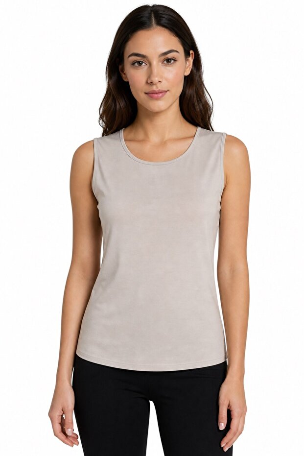 Women's Crew Neck Sleeveless Combed Cotton T-Shirt Beige