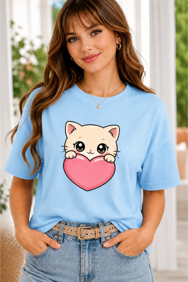 Women's Oversize T-Shirt Hearted Cat Printed 100% Cotton T-Shirt Comfortable Fit