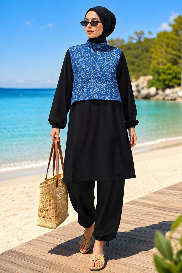 Indigo Patterned Waterproof Hijab 3-Piece Swimsuit Set