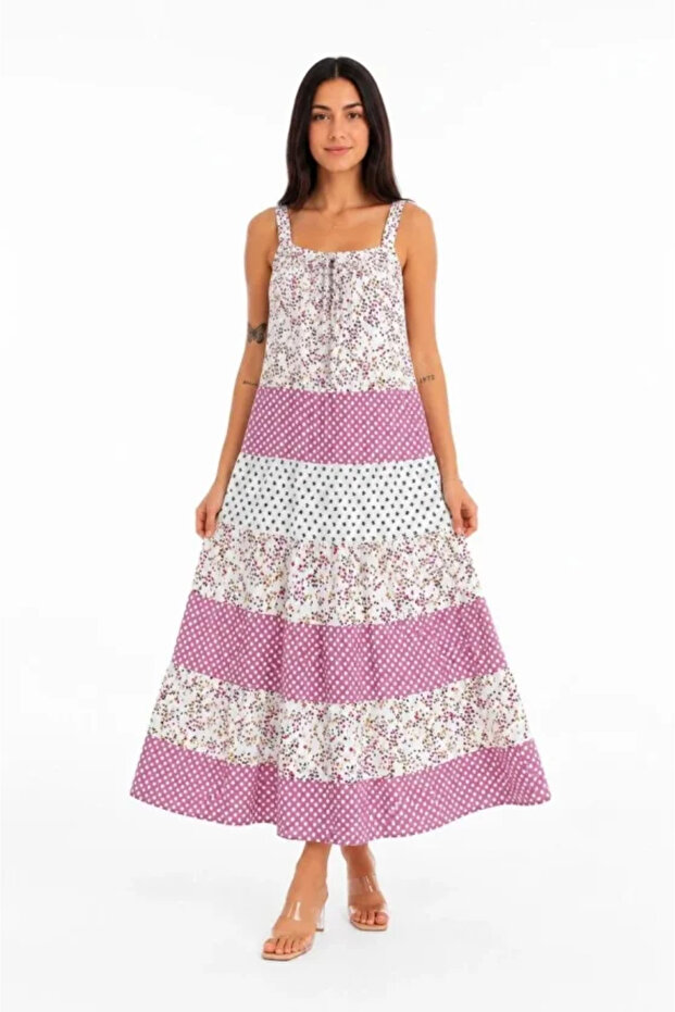 Strappy Floral Patterned Linen Fabric Layered Casual Maxi Dress - Pink
