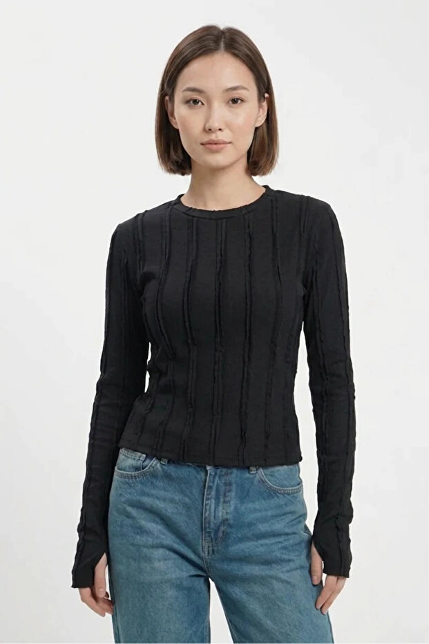 Women's Round Neck Textured Black Blouse