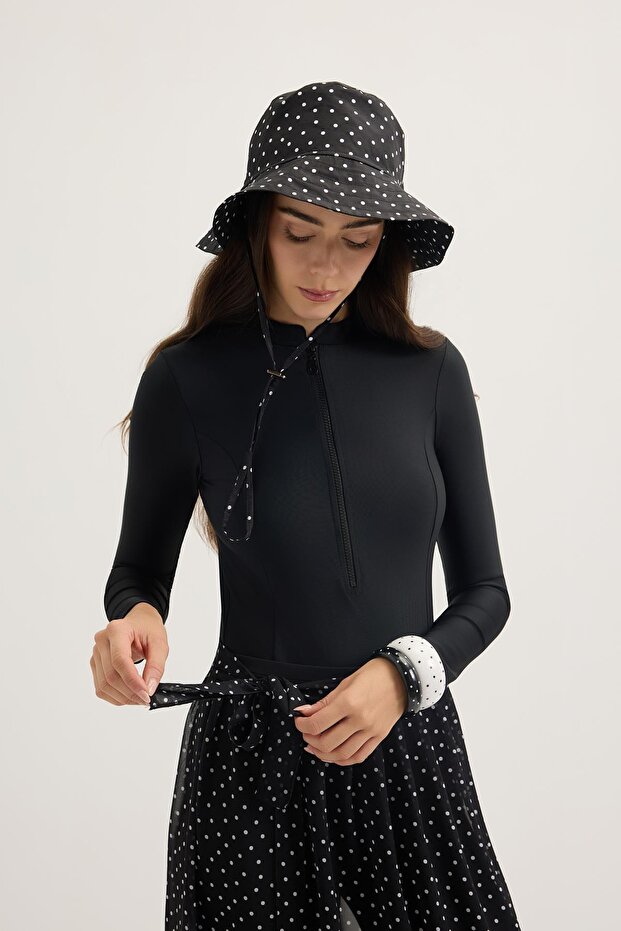 Patterned Attachable Bucket Hat Black Polka Dot