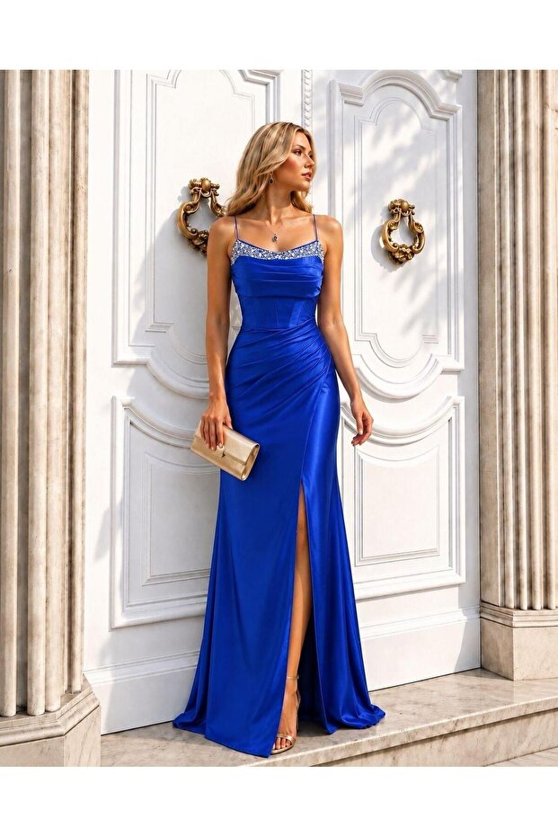 Cobalt Blue Stone Detailed Slit Satin Evening Dress 583404